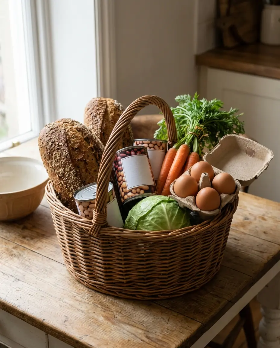 Pantry staples and small portions organized for low-waste cooking and easy grocery planning