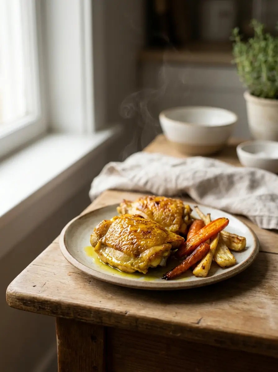 Sheet pan with turmeric-roasted chicken thighs and carrots