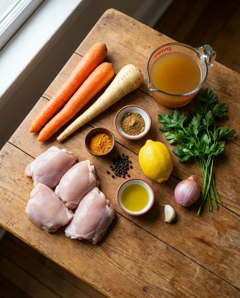 Ingredients for turmeric one-pan chicken and vegetables on a counter