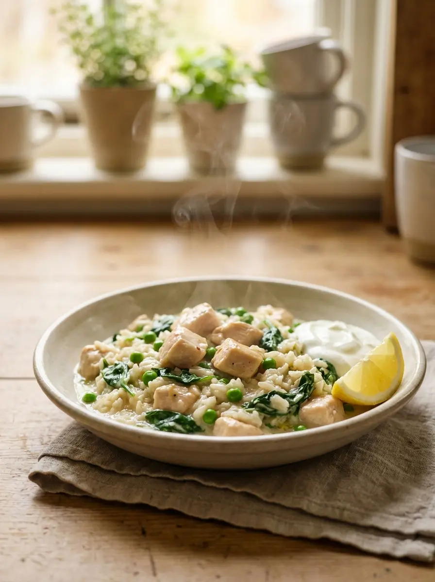 Creamy one-pot chicken and rice in a skillet
