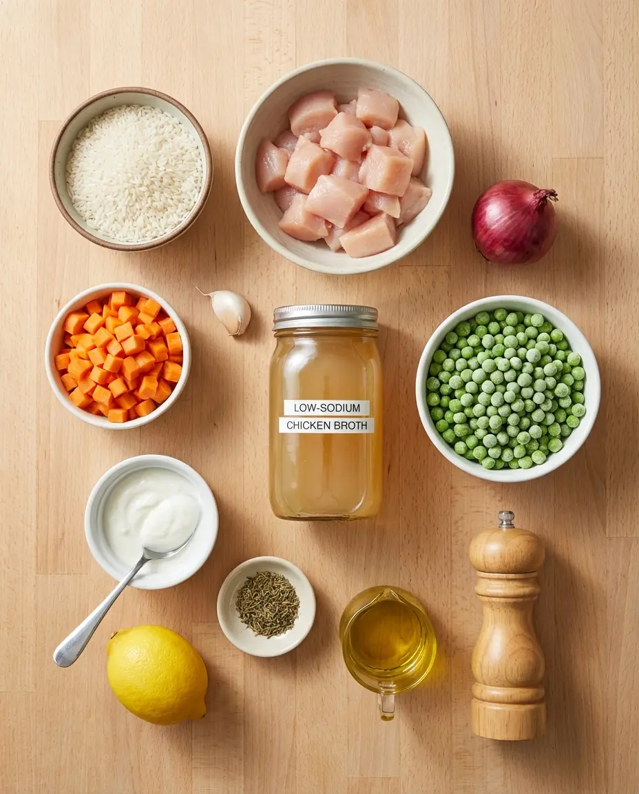 Ingredients laid out for a chicken and rice one-pot meal