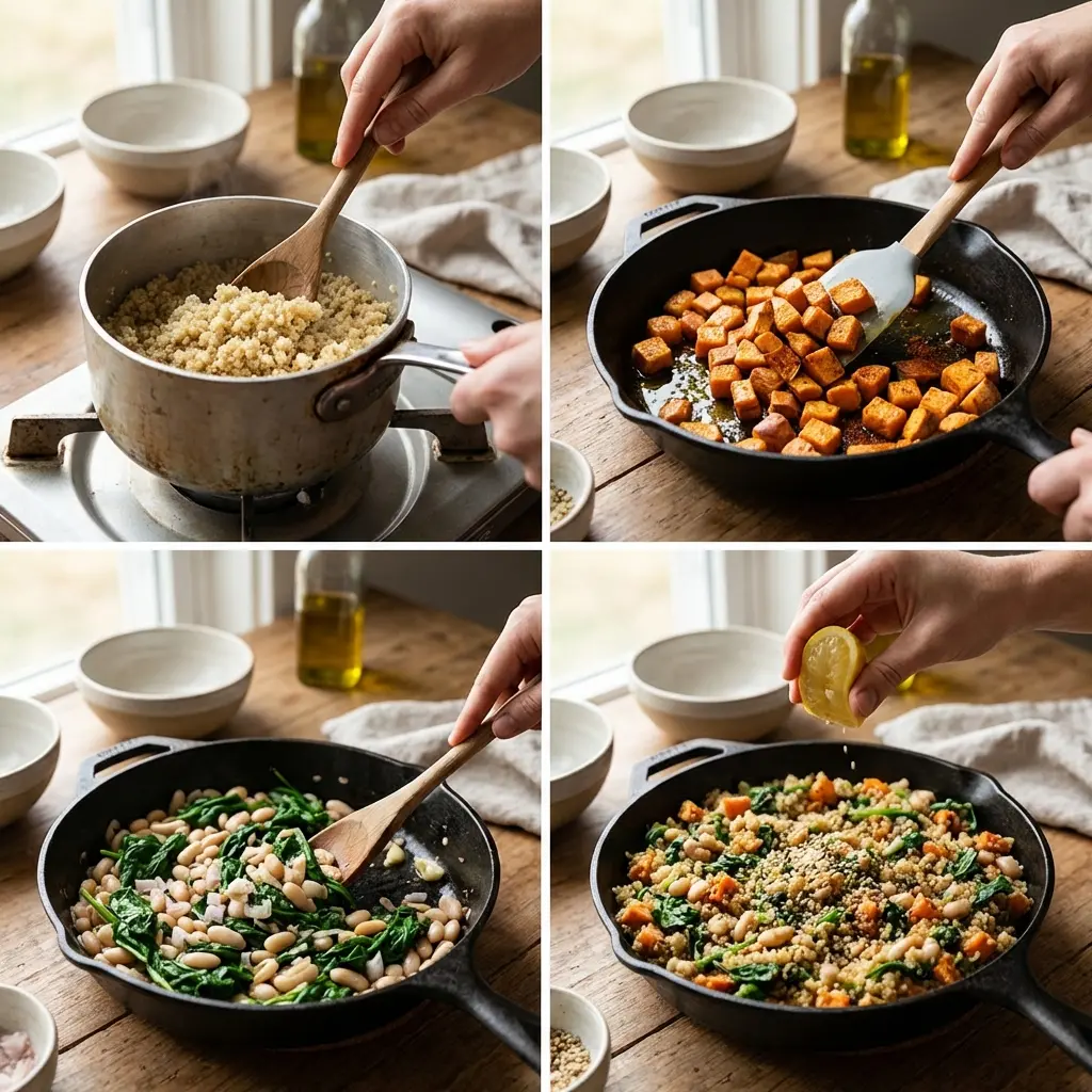 Cooking steps: quinoa in pot and sweet potato in skillet