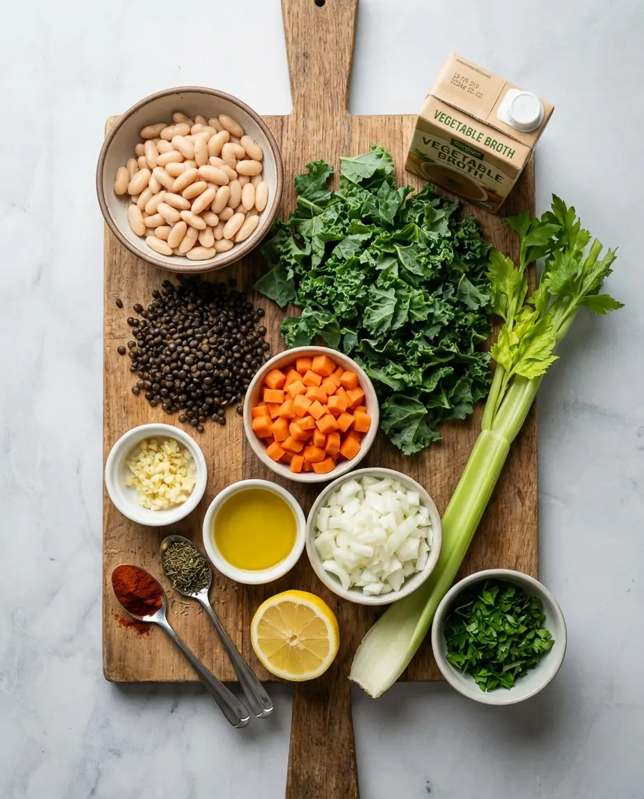 Ingredients for white bean and kale stew on a counter