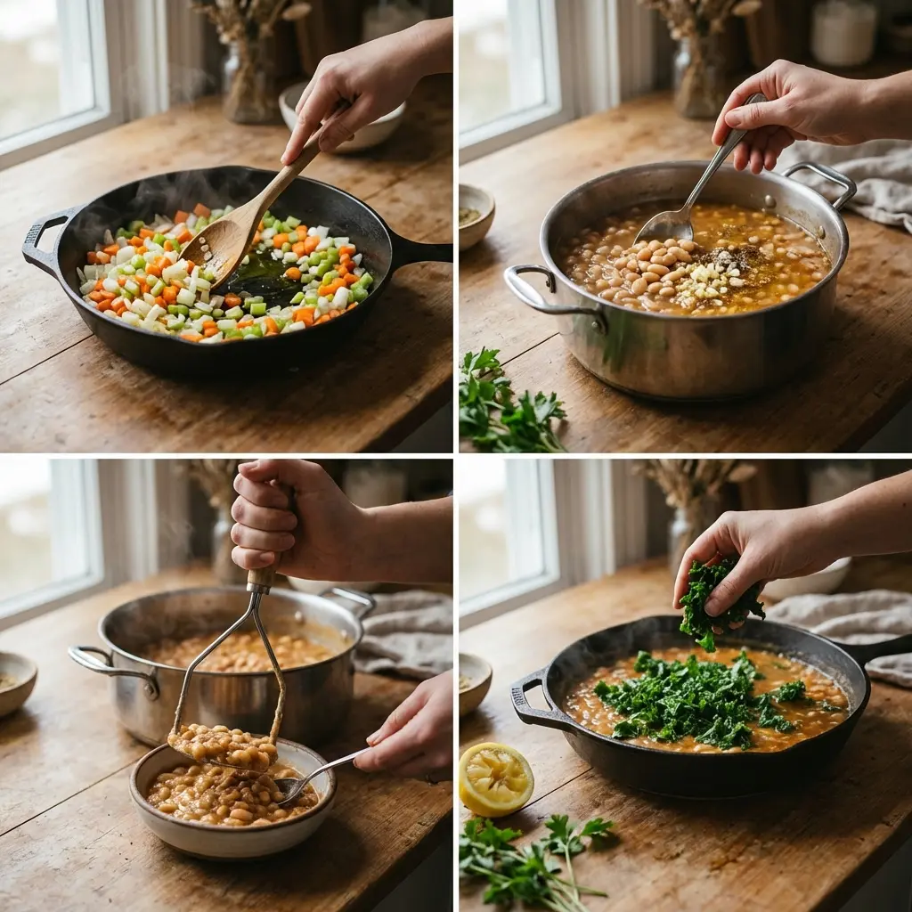 Cooking steps for white bean and kale stew in a skillet