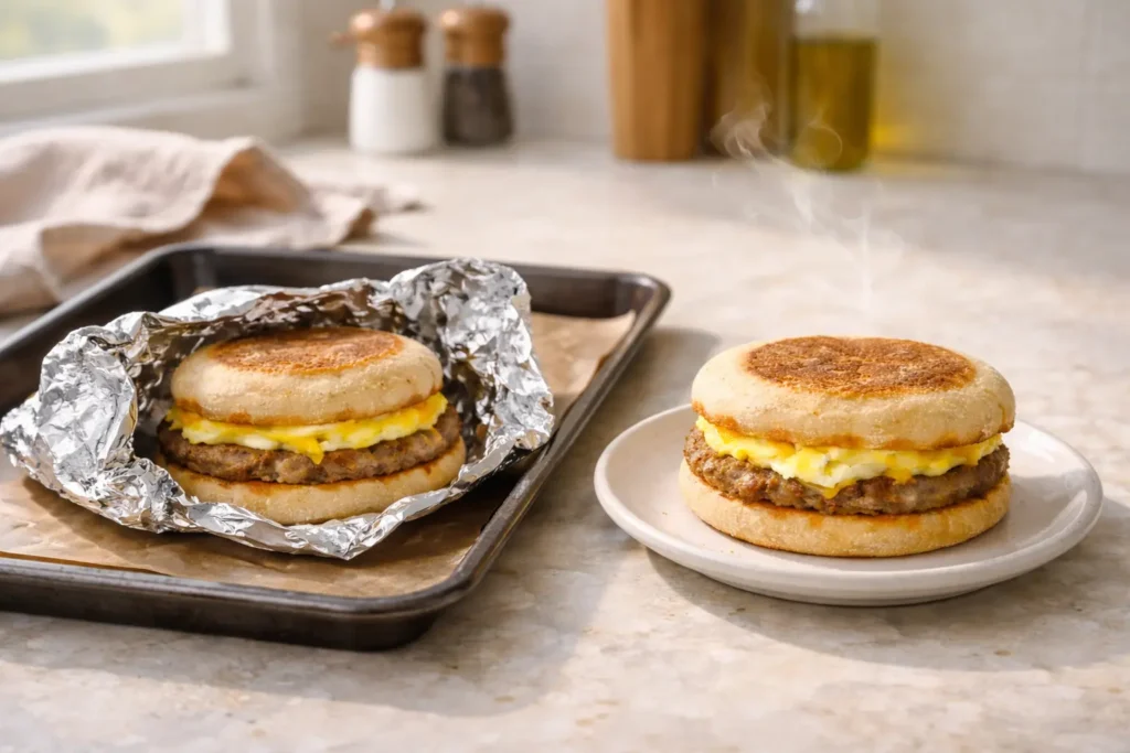 Frozen breakfast sandwich reheating in the oven, partially unwrapped from foil on a baking tray with the finished sandwich on a plate