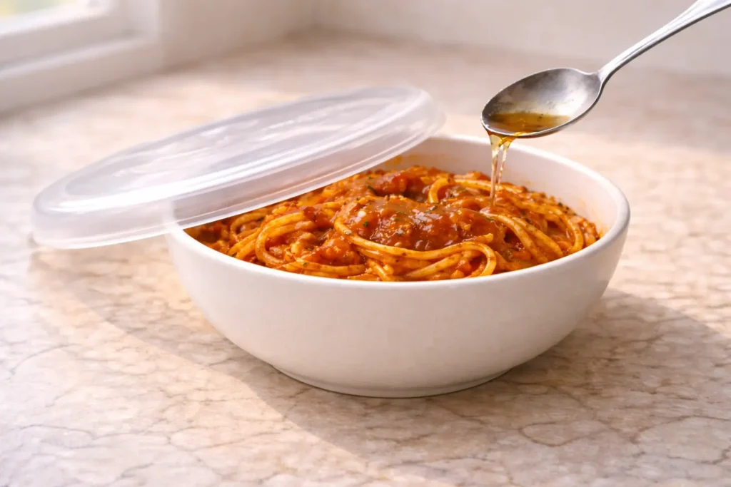 Leftover pasta in a microwave-safe bowl with a splash of liquid added and a vented cover ready for microwaving