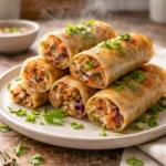 Crispy vegetable spring rolls on a simple plate in a cozy home kitchen, shot at a 45 degree angle with natural window light and fresh cilantro garnish