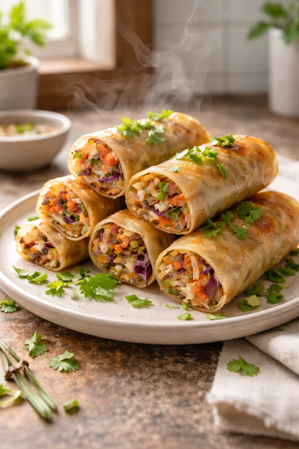Air fryer frozen vegetable spring rolls on a plate