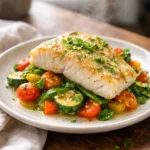 Plated air fryer white fish fillet on mixed vegetables with steam in a cozy home kitchen, healthy easy dinner
