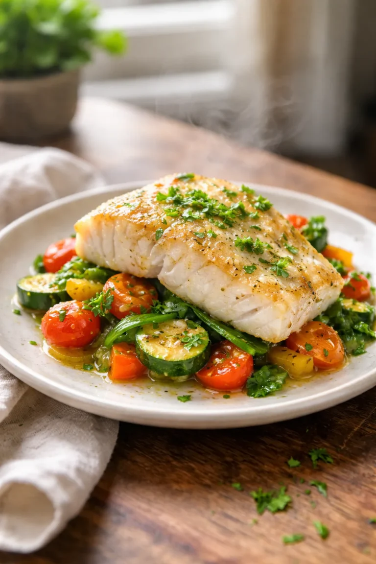 Plated air fryer white fish fillet on mixed vegetables with steam in a cozy home kitchen, healthy easy dinner