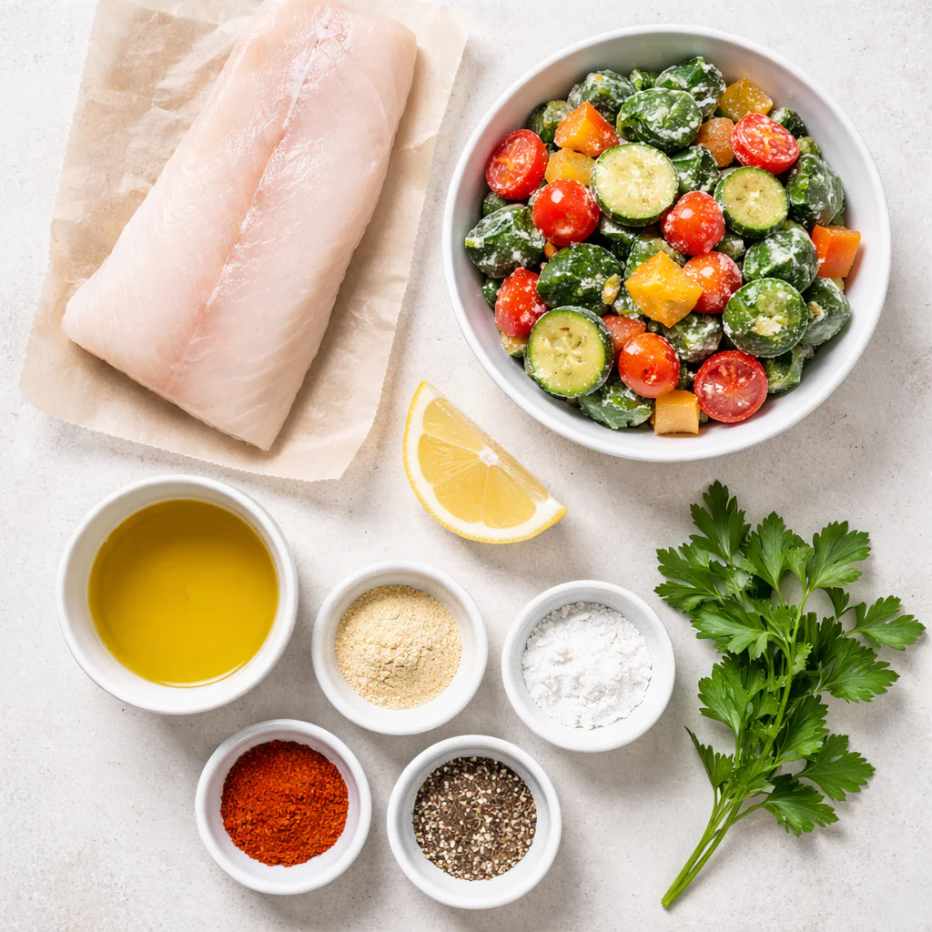 Bowl of frozen mixed vegetables and a seasoned fish fillet ready to cook