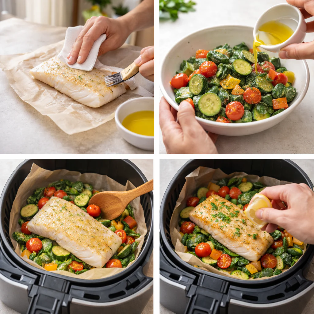 Air fryer mid cook with fish on top of vegetables
