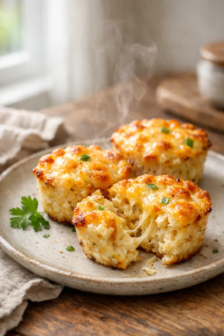 Cheesy hashbrown casserole cups on a rustic plate, one split open with melted cheese stretching.
