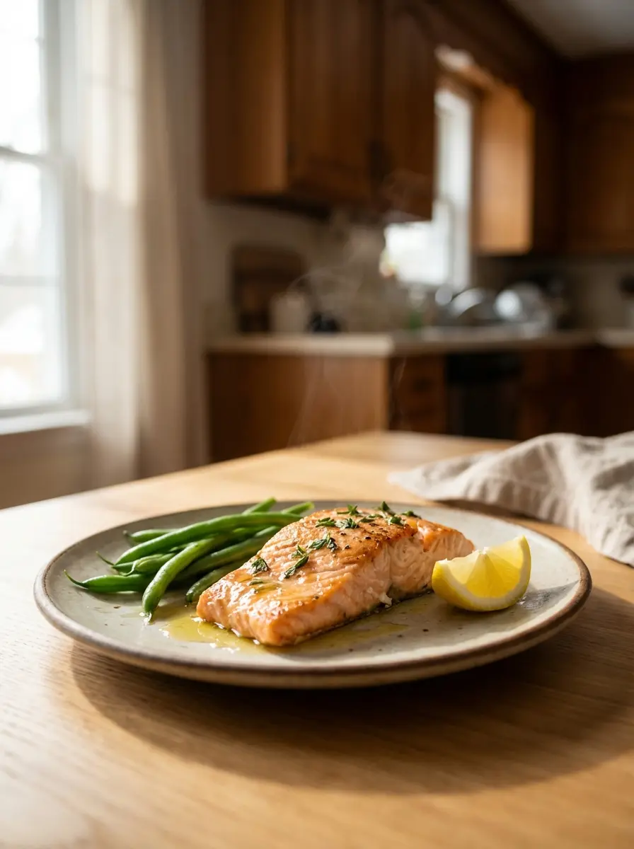 Lemon-herb salmon and green beans in an air fryer basket