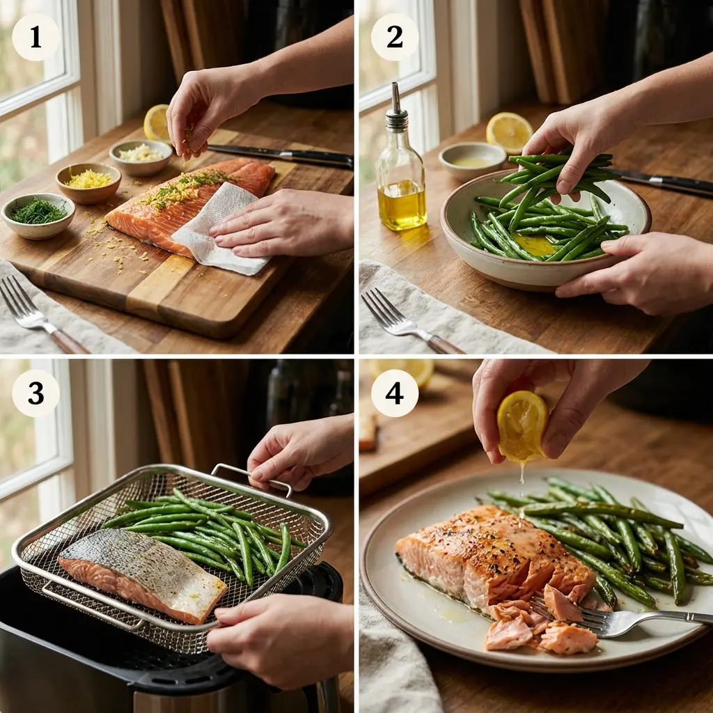Step-by-step air fryer cooking of salmon and vegetables