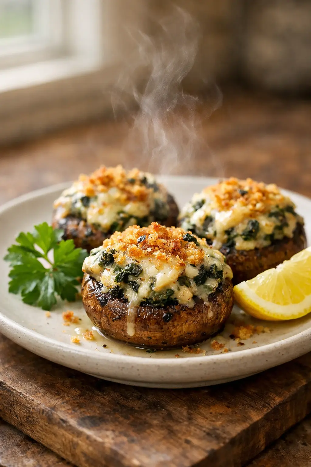 Air fryer spinach artichoke stuffed mushrooms on a plate