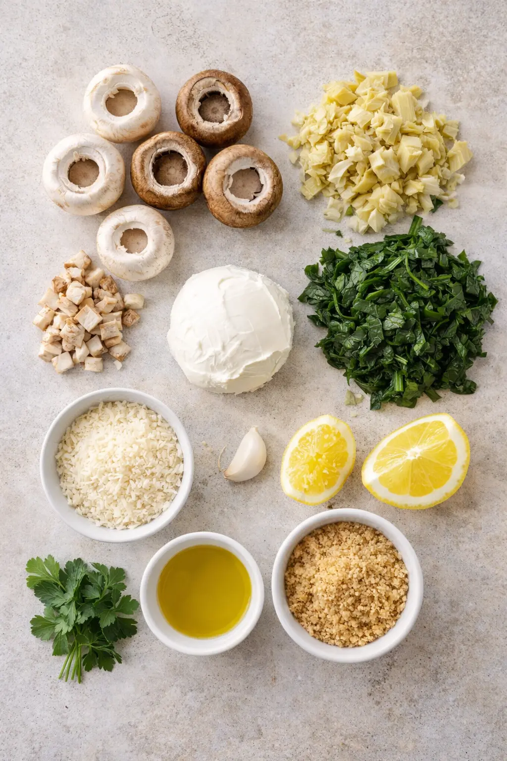 Ingredients for spinach artichoke stuffed mushrooms arranged on a board