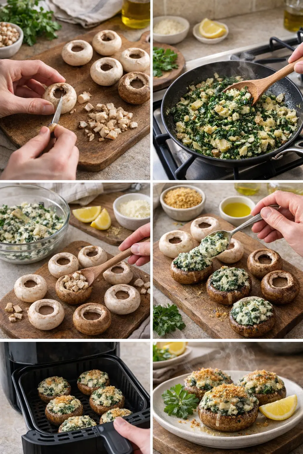 Steps showing filling being spooned into mushroom caps