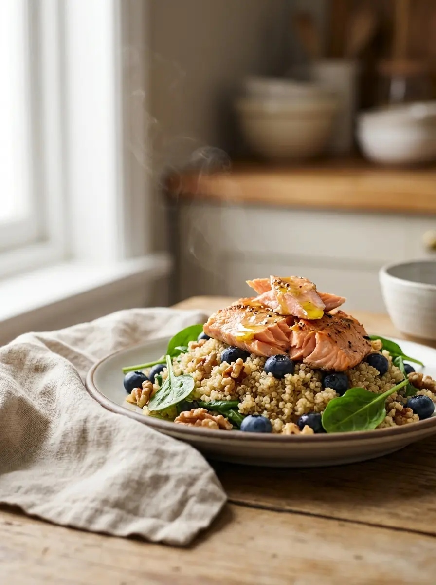 Grilled salmon with quinoa, blueberries and walnuts salad