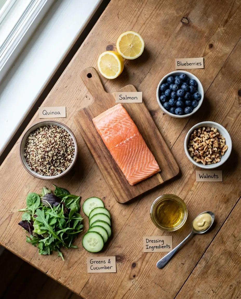 Ingredients for salmon and quinoa salad laid out