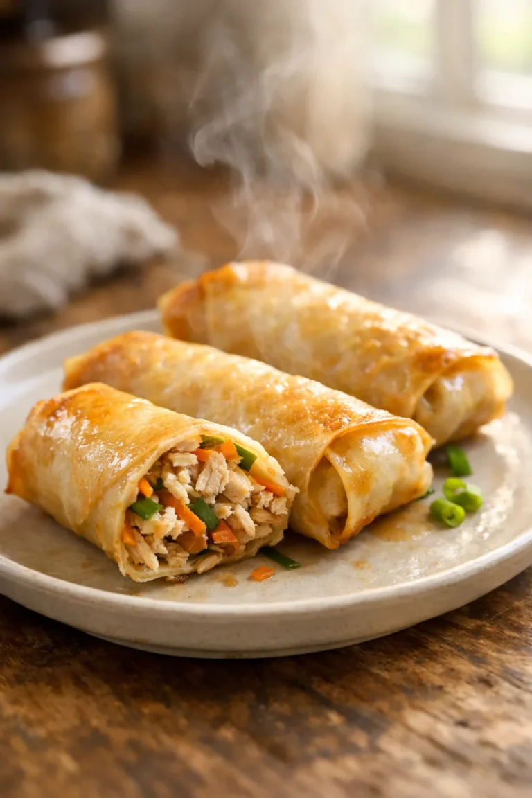 Baked low sodium chicken spring rolls on plate with shredded chicken and vegetables