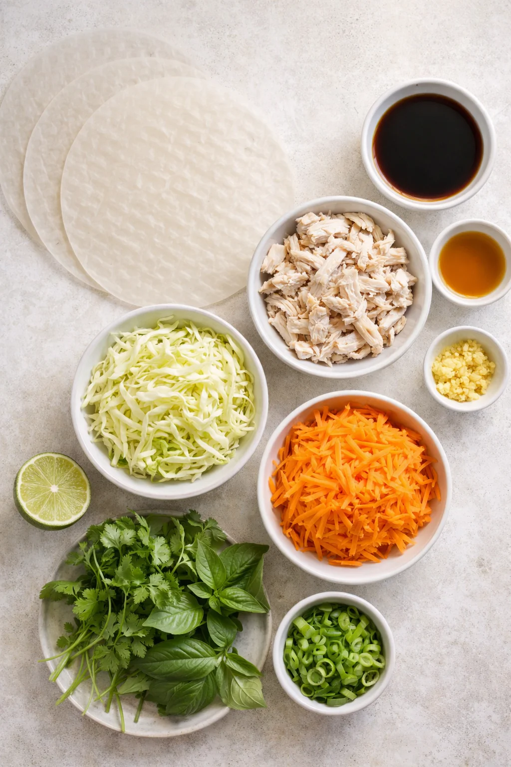Ingredients for low sodium chicken spring rolls laid out