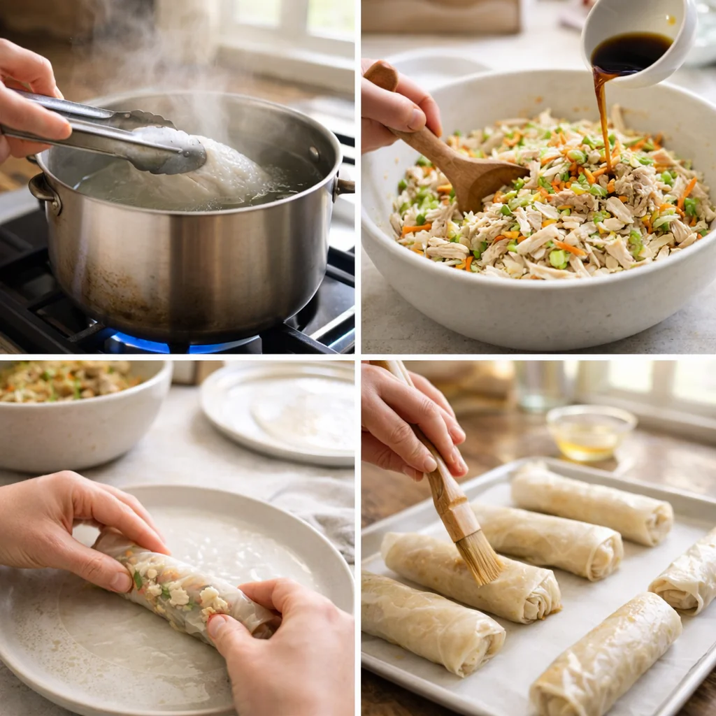 Steps showing assembly of chicken spring rolls