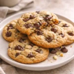 Warm soft-baked chocolate chip cookies on a ceramic plate with melted chocolate and a tender cracked center in natural window light