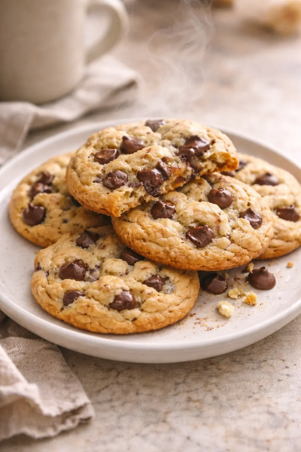 Soft baked chocolate chip cookies on a plate