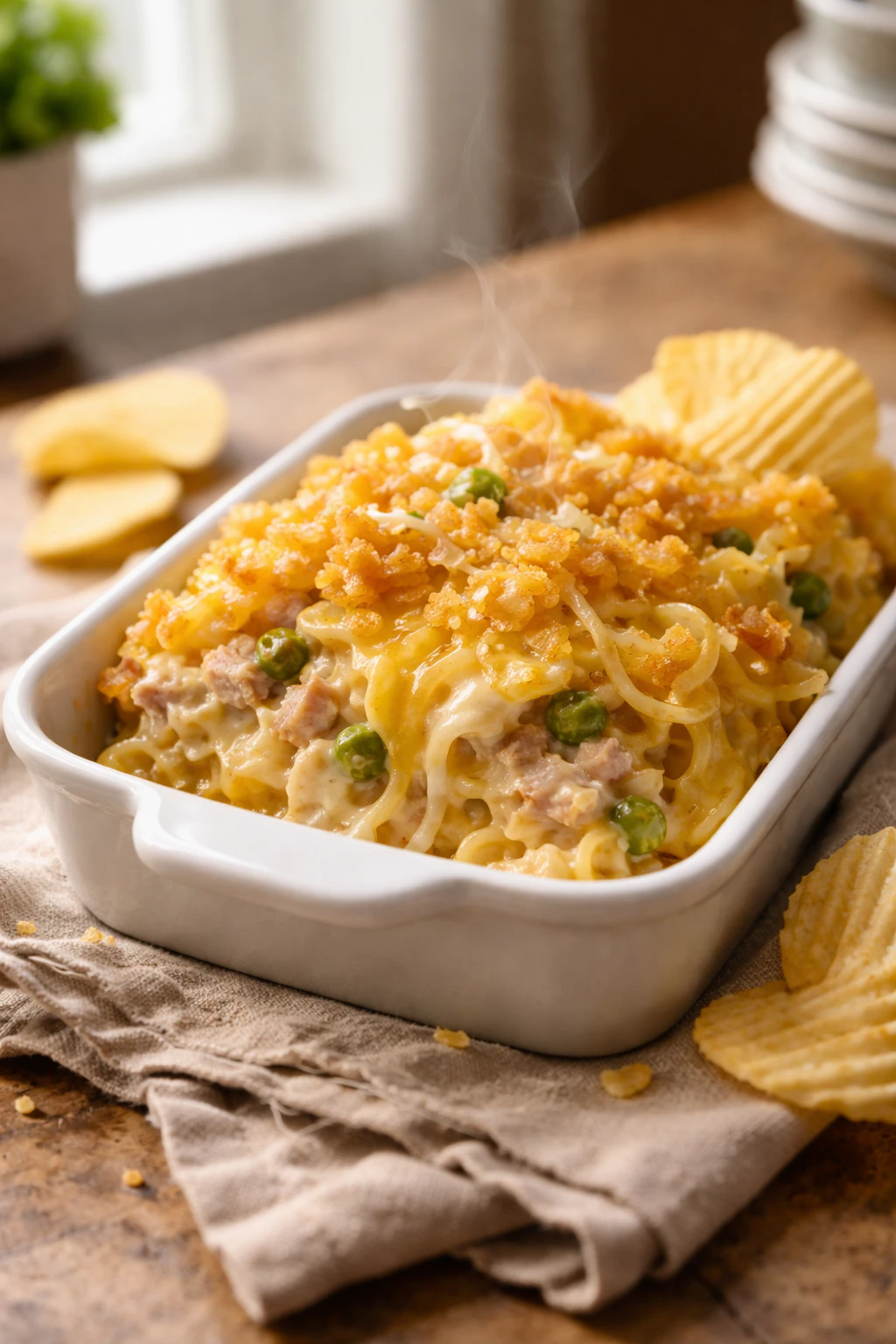 Cheesy tuna noodle casserole topped with crushed potato chips