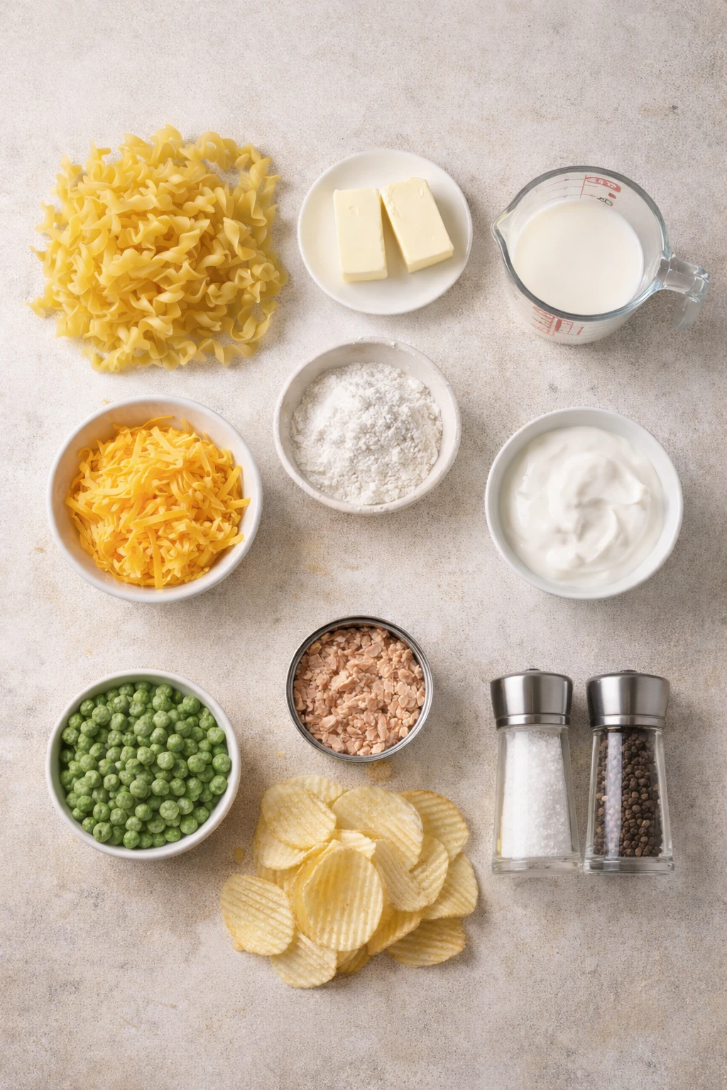 Ingredients laid out for tuna noodle casserole