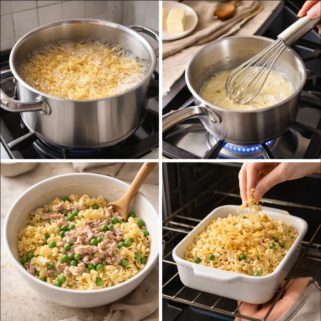 Preparing tuna noodle casserole