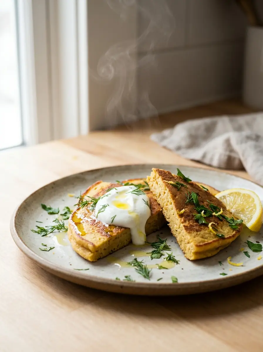 Chickpea pancake on a plate with herbs and lemon