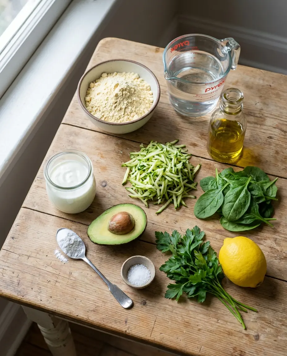 Bowl of chickpea flour and measuring cups with ingredients