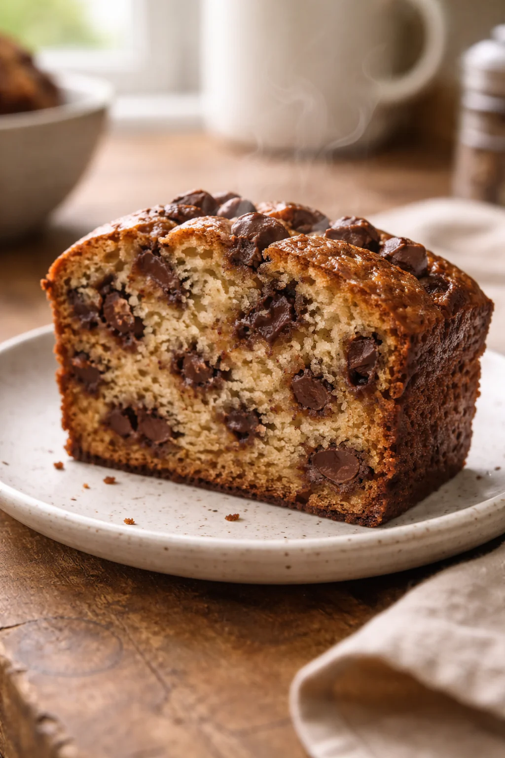 Chocolate chip banana bread loaf with slices on a cooling rack