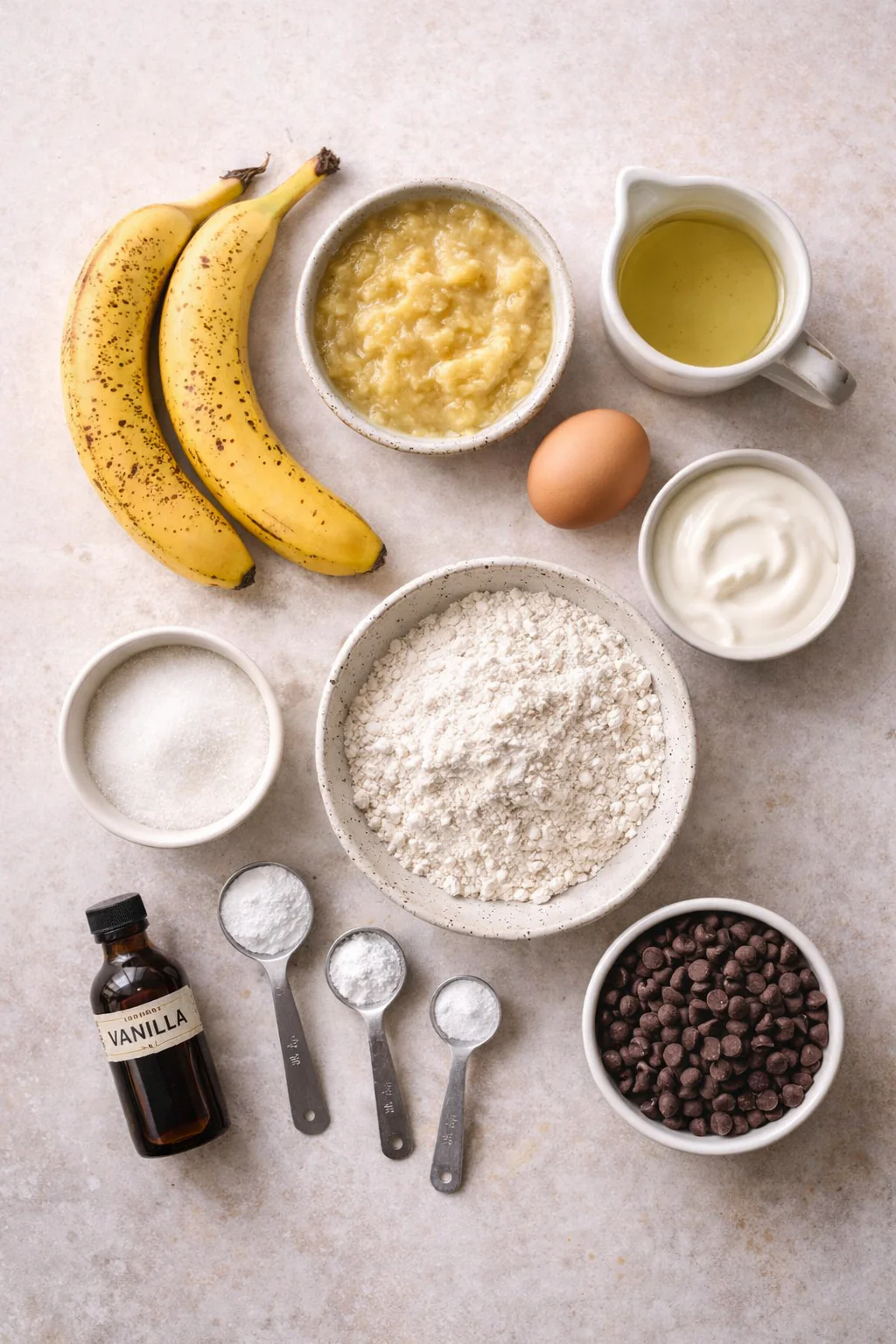 Bowls with mashed bananas, flour, and chocolate chips for banana bread