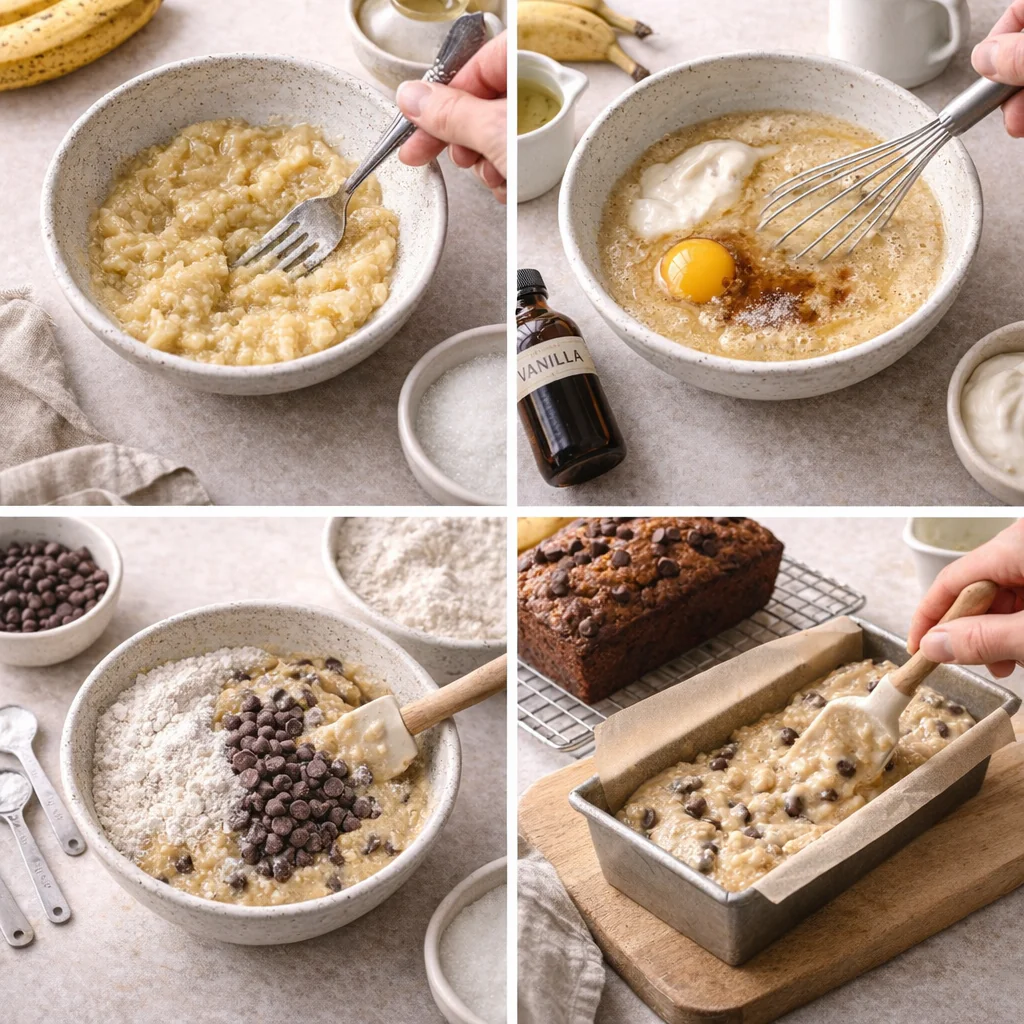 Spoon scooping banana bread batter into a loaf pan