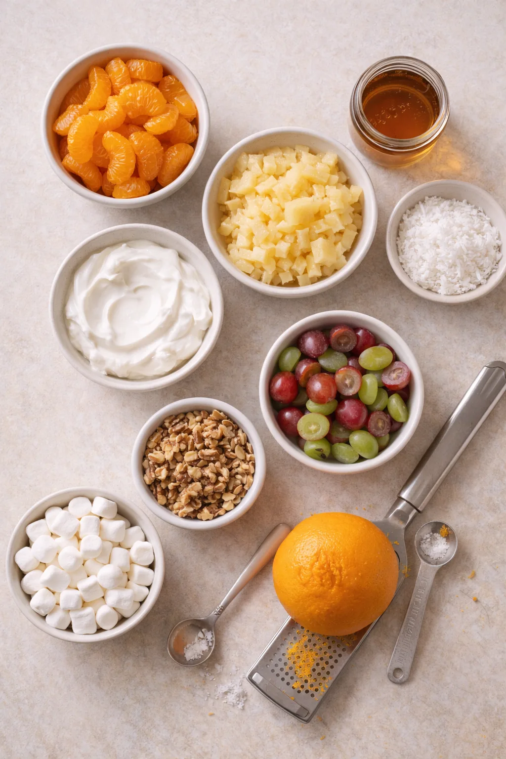 Bowls of mandarin oranges pineapple grapes and yogurt