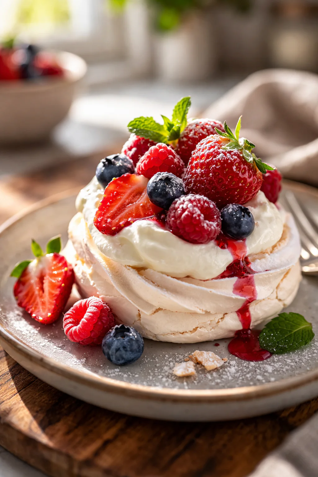 Classic pavlova topped with fresh berries