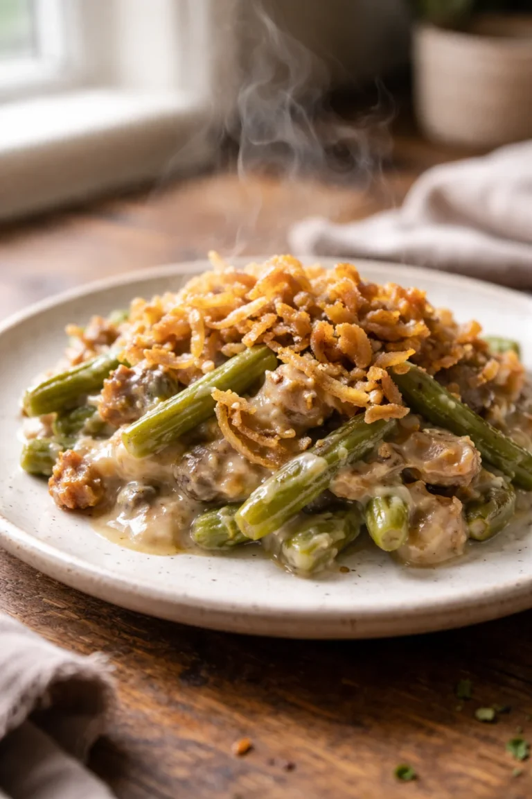 Step-by-step slow cooker green bean casserole showing oiling the crock pot, adding frozen green beans, pouring creamy sauce, and cooking covered