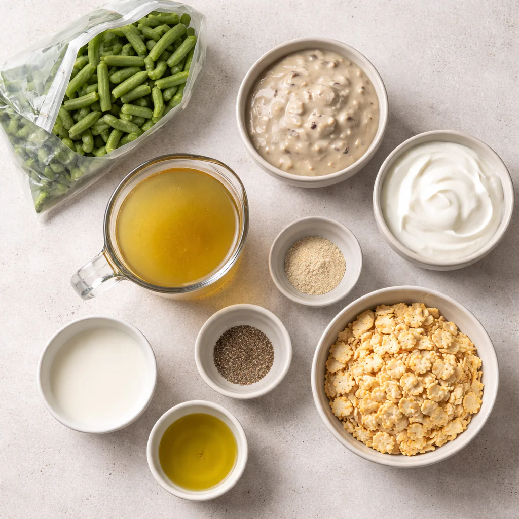 Ingredients arranged for green bean casserole including frozen green beans and soup