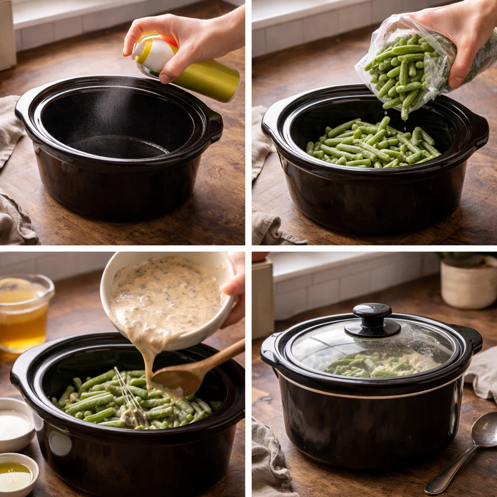 Step by step process for making crock pot green bean casserole