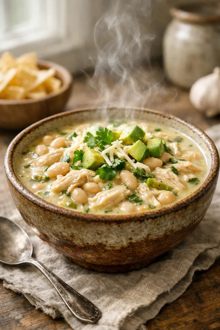 Small bowl of creamy white chicken chili with shredded chicken and white beans in a cozy home kitchen