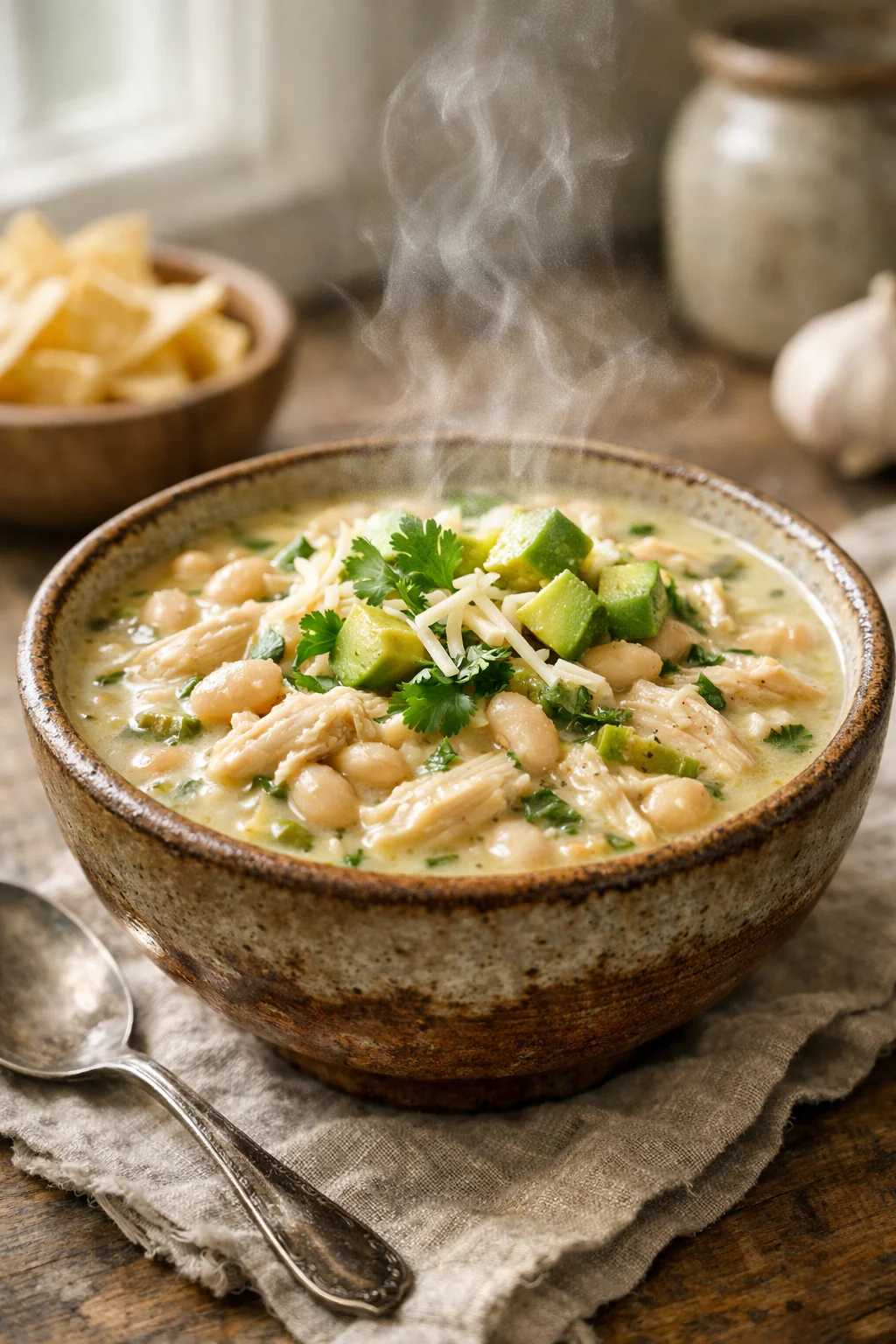 Diabetic friendly white chicken chili in a slow cooker bowl