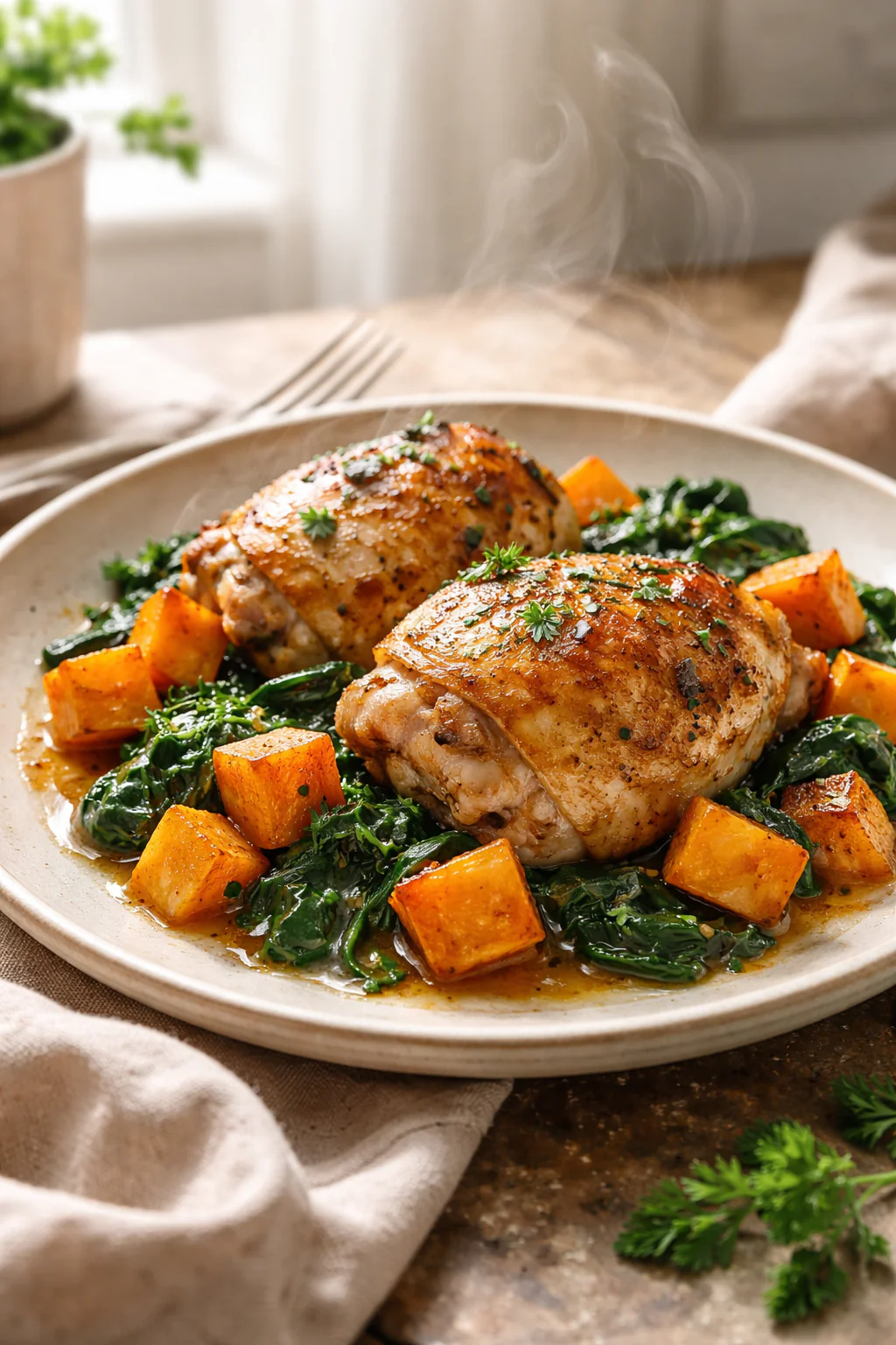 Baked chicken thighs with sweet potato and spinach in a small skillet