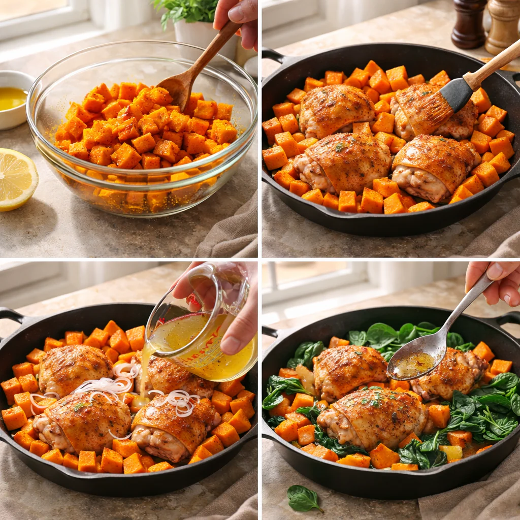 Step by step of arranging chicken and sweet potato in a pan