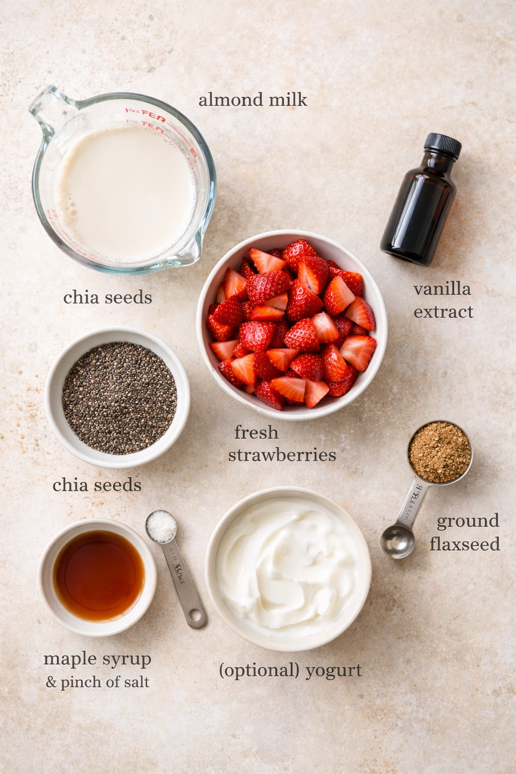 Ingredients for strawberry chia pudding