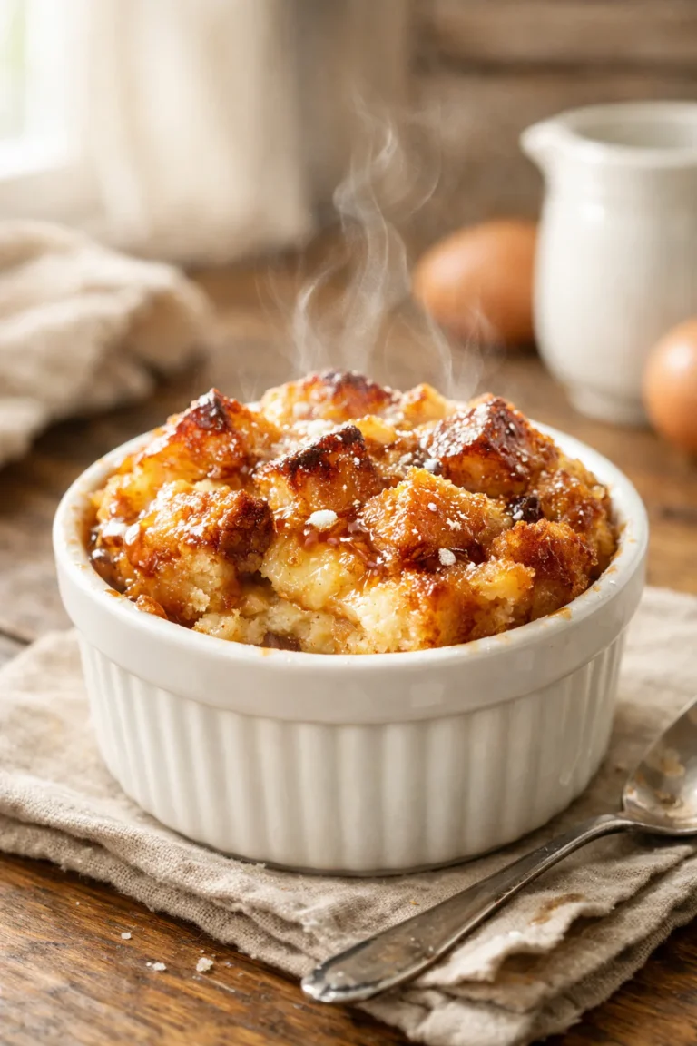 Warm French toast casserole in a white ramekin with a golden top and soft custard center.