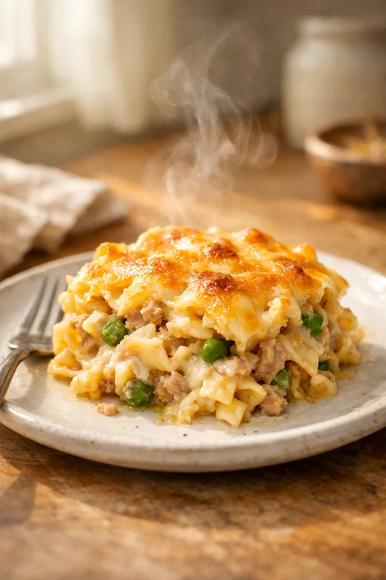 Creamy tuna casserole with golden melted cheese and peas on a white plate in a cozy home kitchen, natural window light