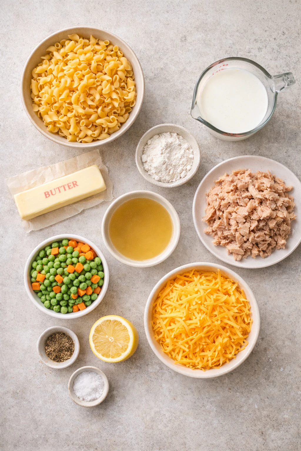 Measured ingredients for a gentle tuna casserole on a counter